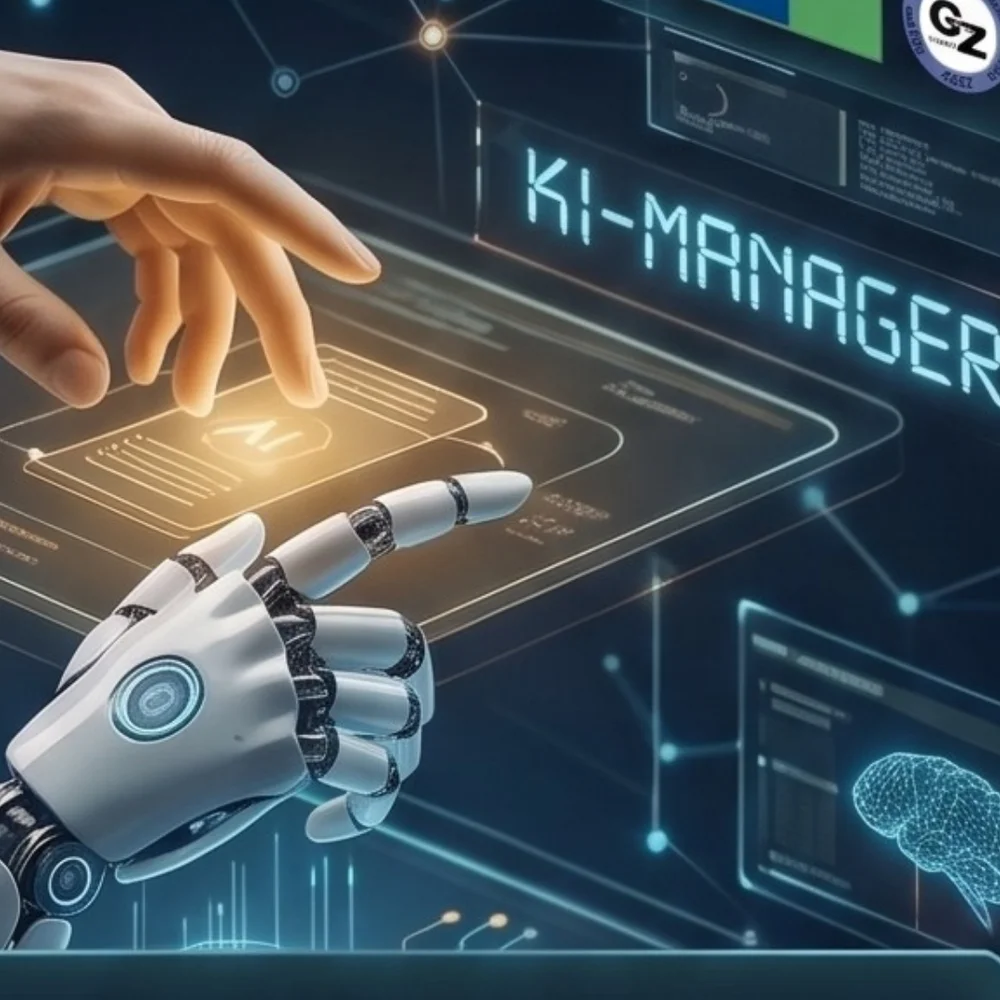 KI-Manager – menschliche Hand und Roboterhand